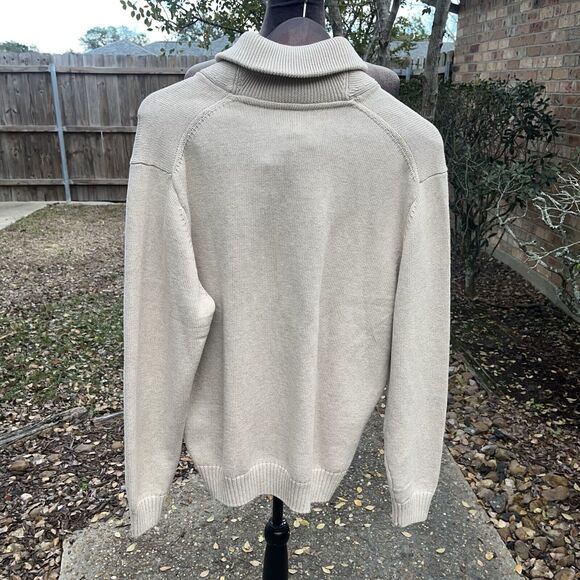 Jos A Bank Shawl Collar Sweater Men L Pullover LS Oatmeal Leather Button - Picture 2 of 4